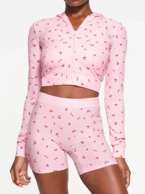 Skims Pink Cherry Print Crop Zip Hoodie